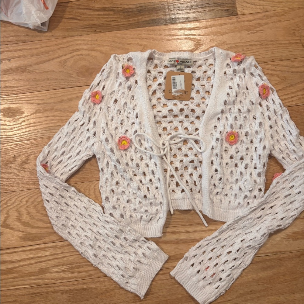Love Tree Cream Open-Knit Cardigan with Floral Accents